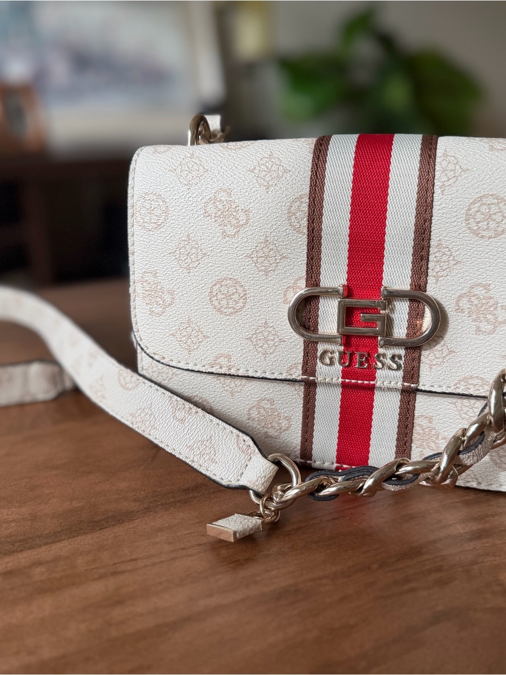 GUESS White Crossbody Bag with Red & Brown Stripes